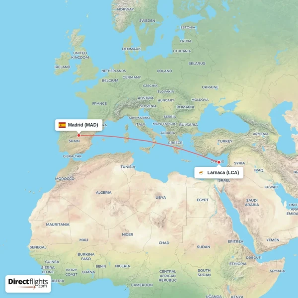 Madrid - Larnaca direct flight map