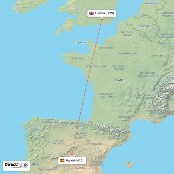 Madrid - London direct flight map