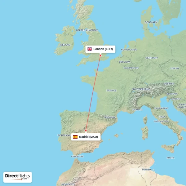 Madrid - London direct flight map