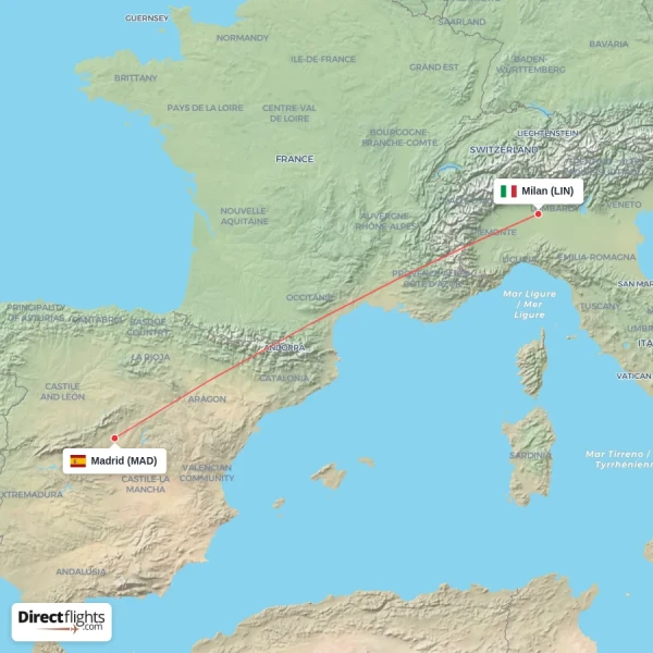 Madrid - Milan direct flight map