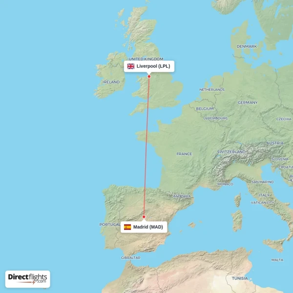 Madrid - Liverpool direct flight map