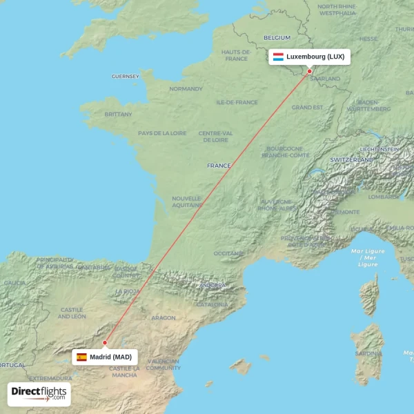 Madrid - Luxembourg direct flight map