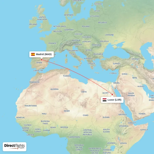 Madrid - Luxor direct flight map