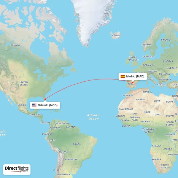Madrid - Orlando direct flight map