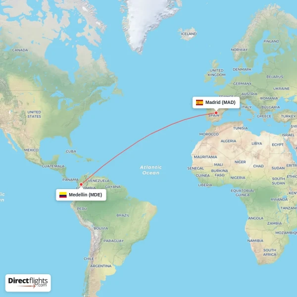 Madrid - Medellin direct flight map