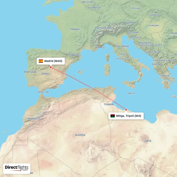 Madrid - Mitiga, Tripoli direct flight map