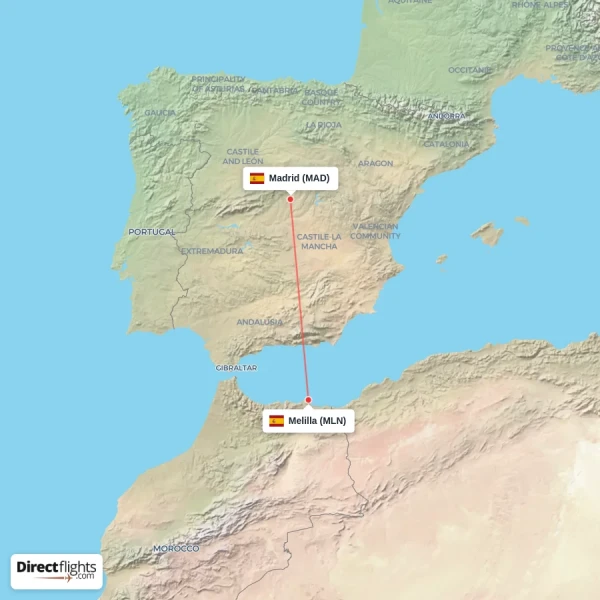 Madrid - Melilla direct flight map