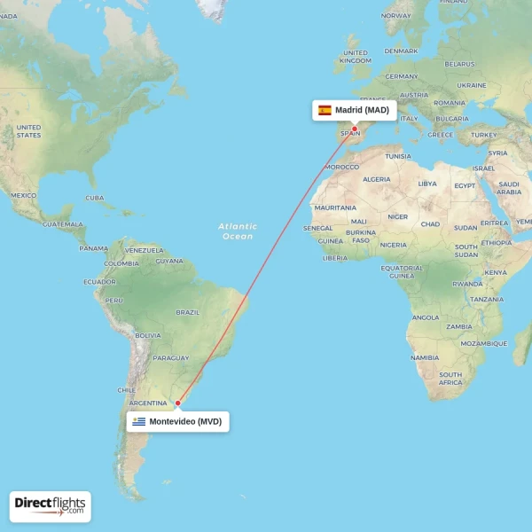 Madrid - Montevideo direct flight map
