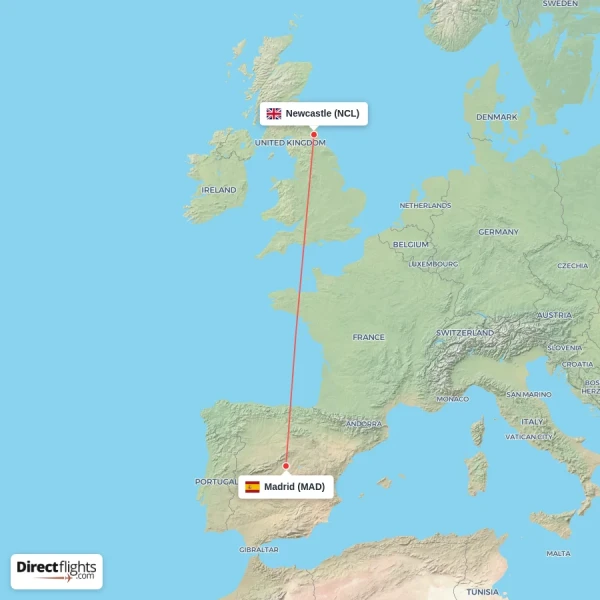 Madrid - Newcastle direct flight map