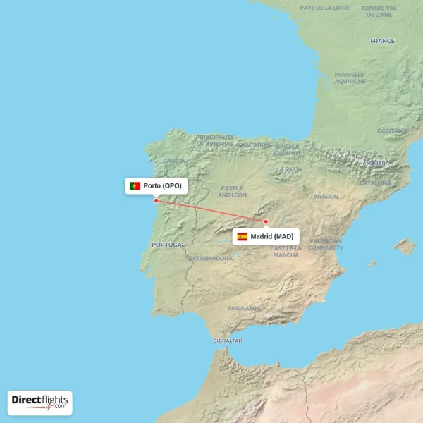 Madrid - Porto direct flight map