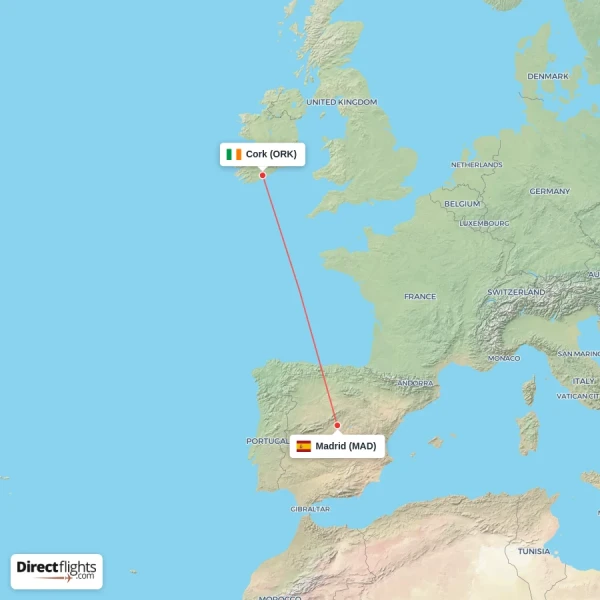 Madrid - Cork direct flight map