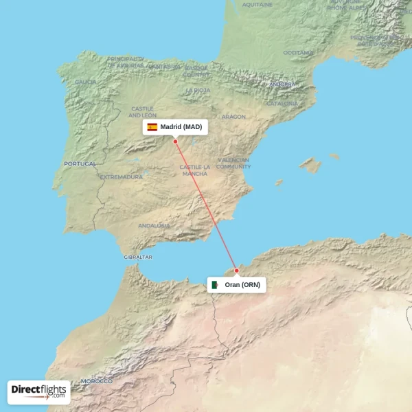 Madrid - Oran direct flight map