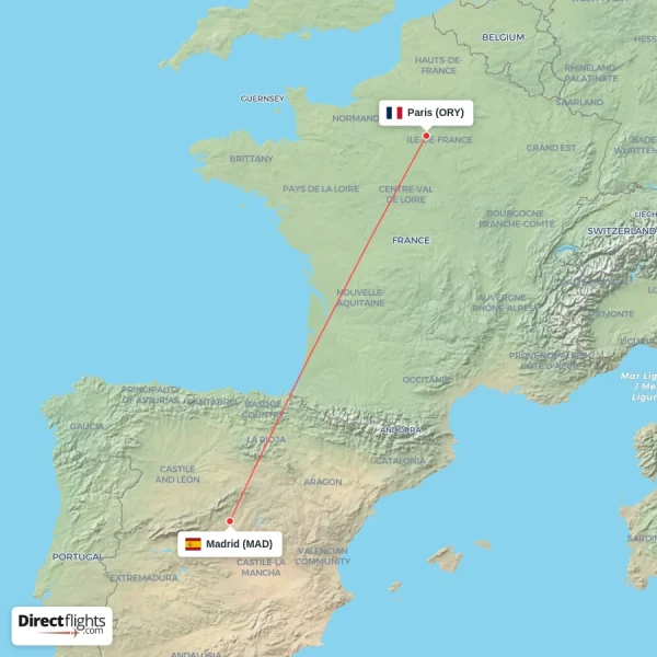 Madrid - Paris direct flight map
