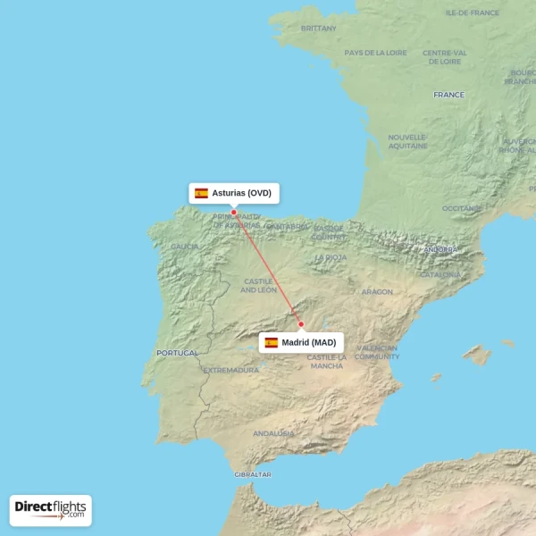 Madrid - Asturias direct flight map