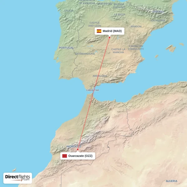 Madrid - Ouarzazate direct flight map