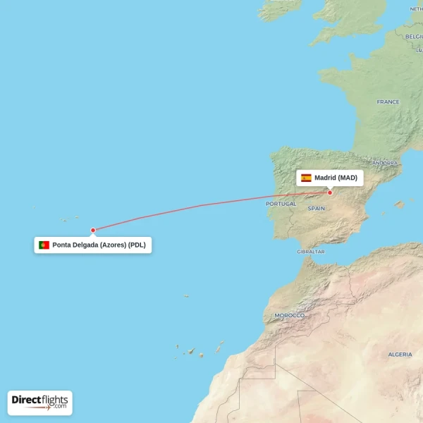 Madrid - Ponta Delgada (Azores) direct flight map
