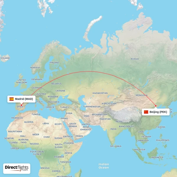 Madrid - Beijing direct flight map