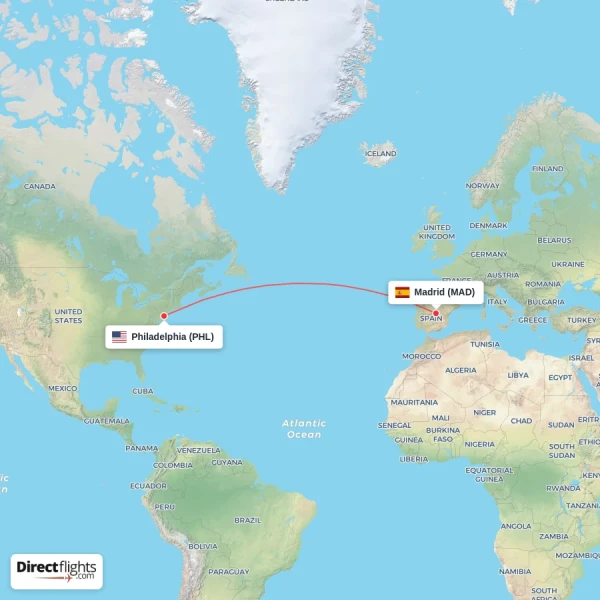 Madrid - Philadelphia direct flight map