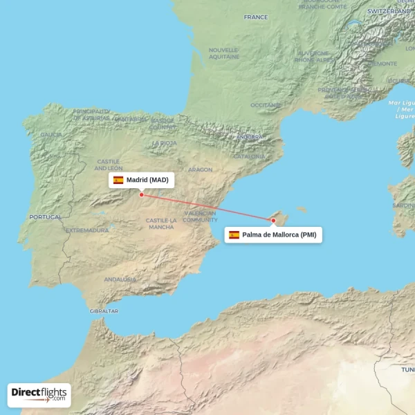 Madrid - Palma de Mallorca direct flight map