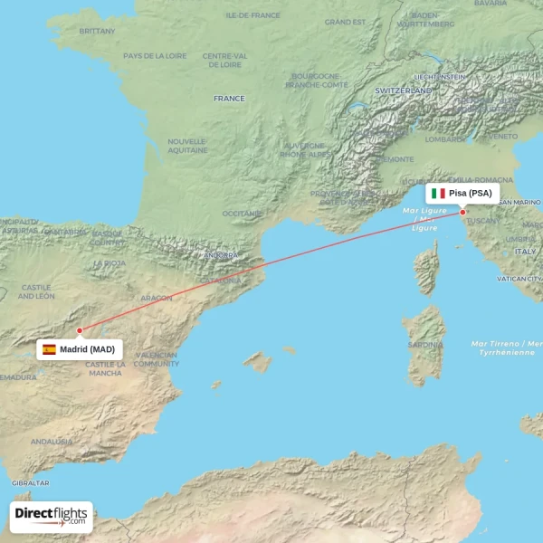 Madrid - Pisa direct flight map