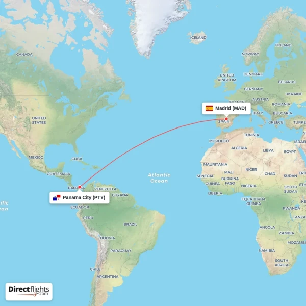 Madrid - Panama City direct flight map