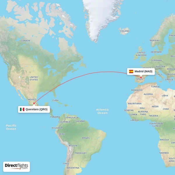 Madrid - Queretaro direct flight map