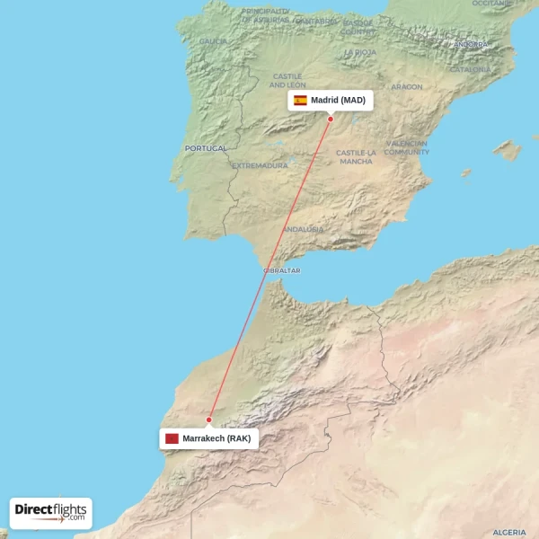 Madrid - Marrakech direct flight map