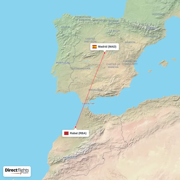 Madrid - Rabat direct flight map