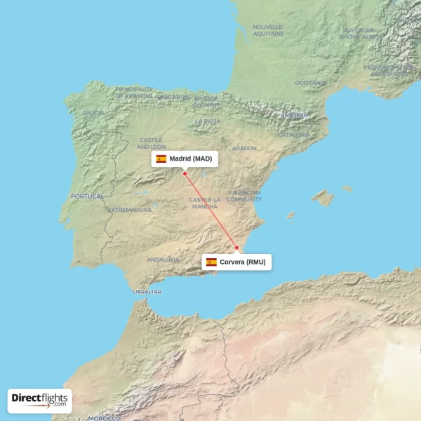 Madrid - Corvera direct flight map