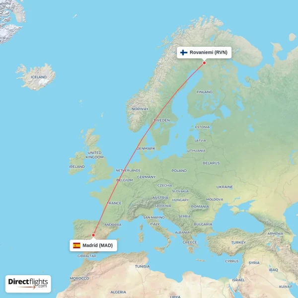 Madrid - Rovaniemi direct flight map