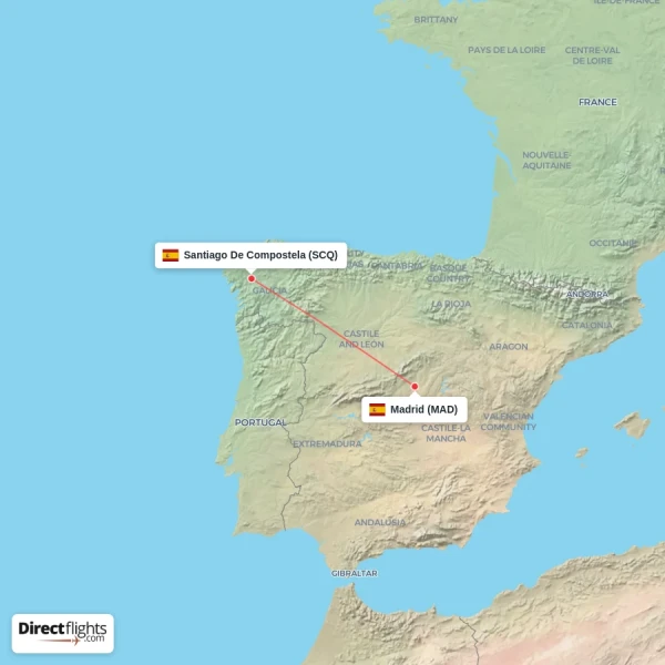 Madrid - Santiago De Compostela direct flight map