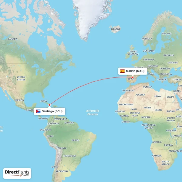 Madrid - Santiago direct flight map