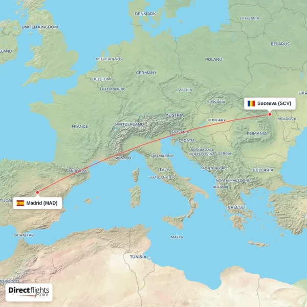 Madrid - Suceava direct flight map