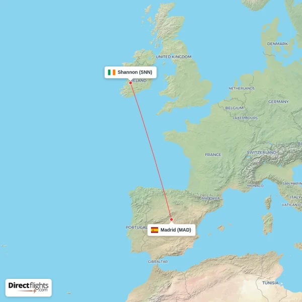 Madrid - Shannon direct flight map