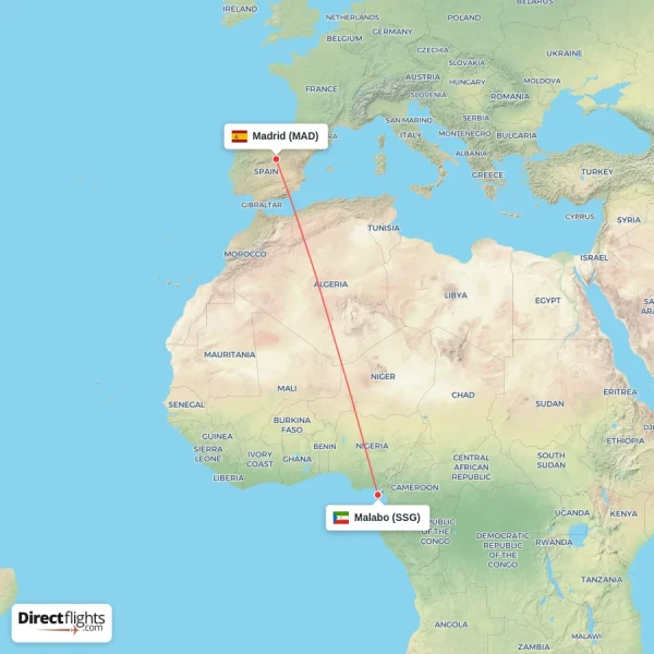 Madrid - Malabo direct flight map