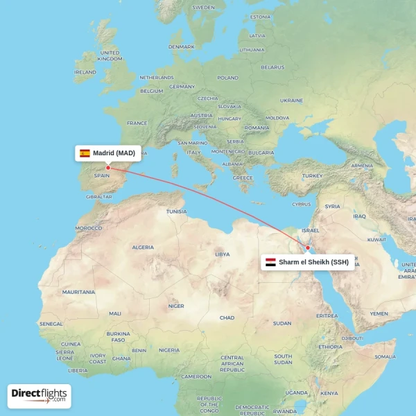 Madrid - Sharm el Sheikh direct flight map