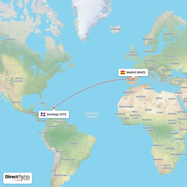 Madrid - Santiago direct flight map