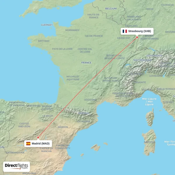Madrid - Strasbourg direct flight map