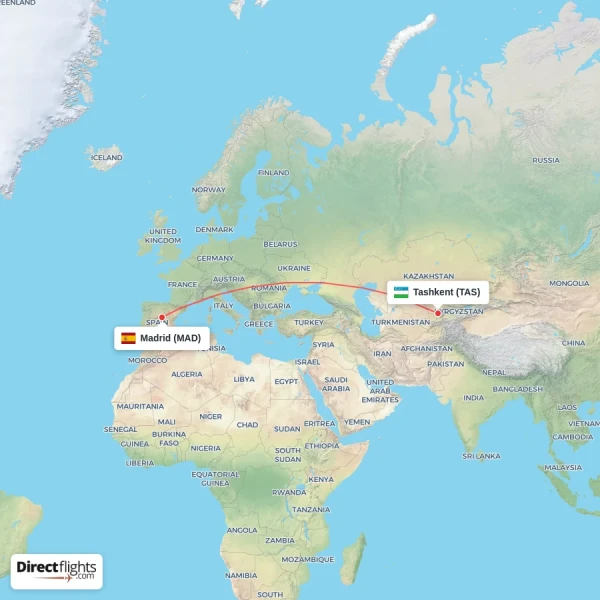 Madrid - Tashkent direct flight map