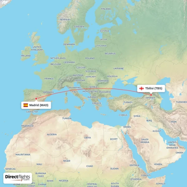 Madrid - Tbilisi direct flight map