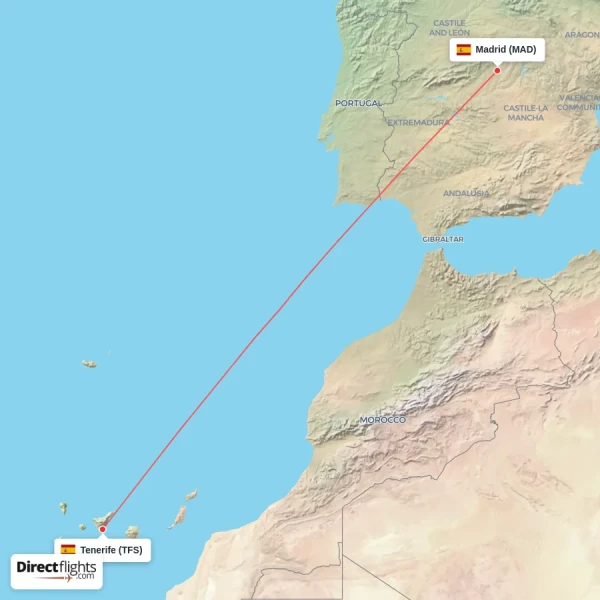 Madrid - Tenerife direct flight map