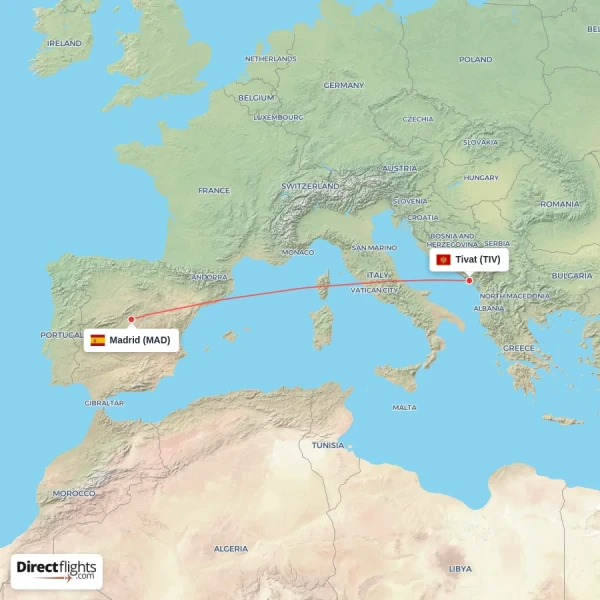Madrid - Tivat direct flight map