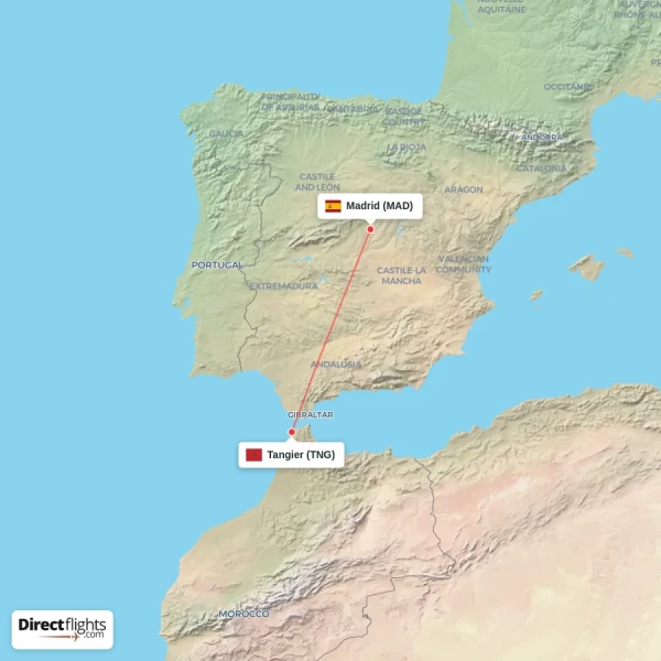 Madrid - Tangier direct flight map