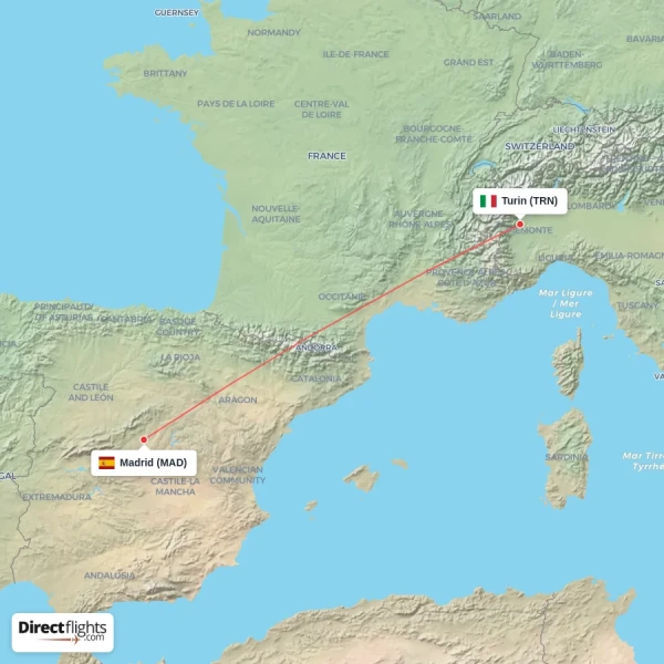 Madrid - Turin direct flight map