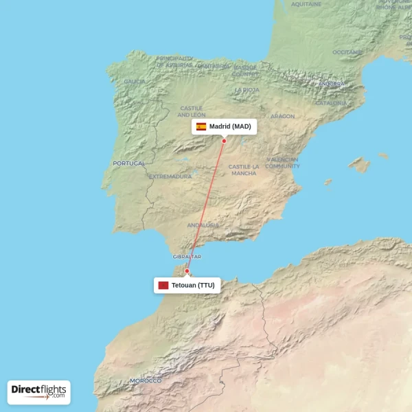 Madrid - Tetouan direct flight map