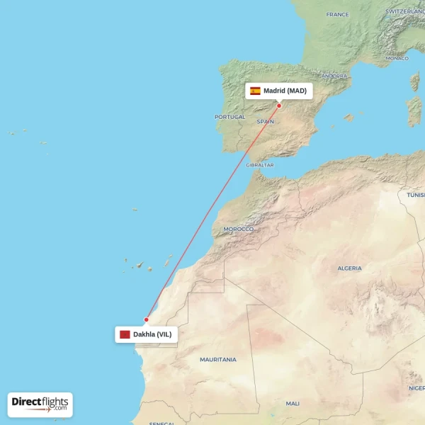 Madrid - Dakhla direct flight map
