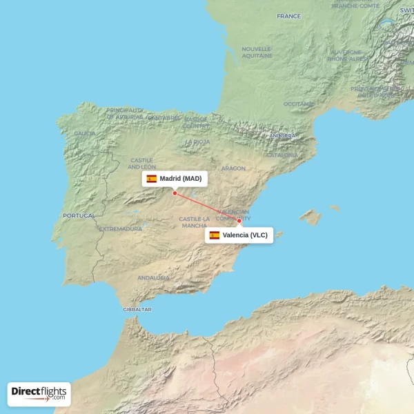 Madrid - Valencia direct flight map