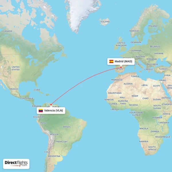 Madrid - Valencia direct flight map
