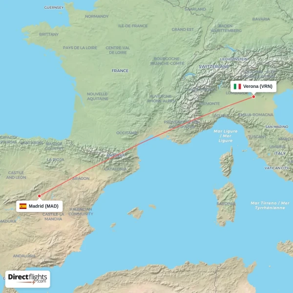 Madrid - Verona direct flight map