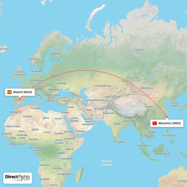 Madrid - Wenzhou direct flight map